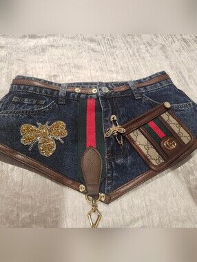 Designer-Inspired Denim Waist Belt Pouch with Bee Accent - Blue and Brown